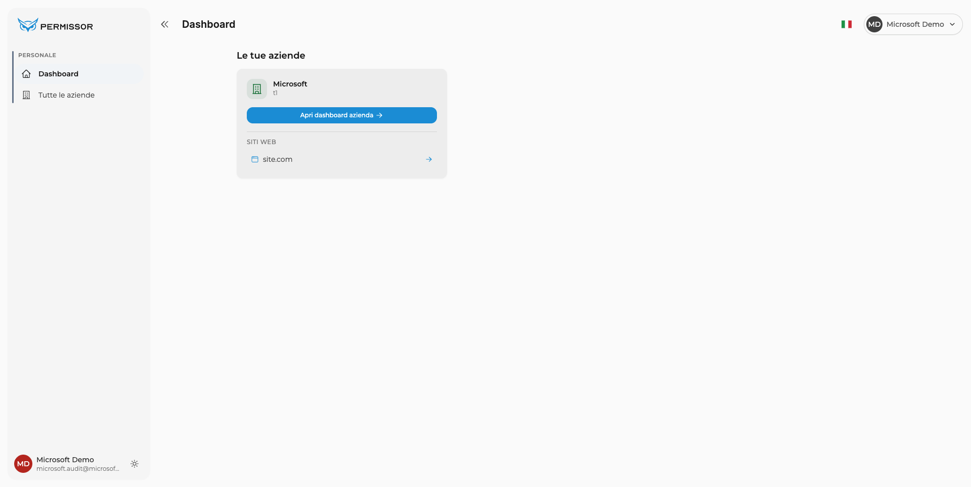 Dashboard utente con l'elenco delle aziende e la selezione del sito target