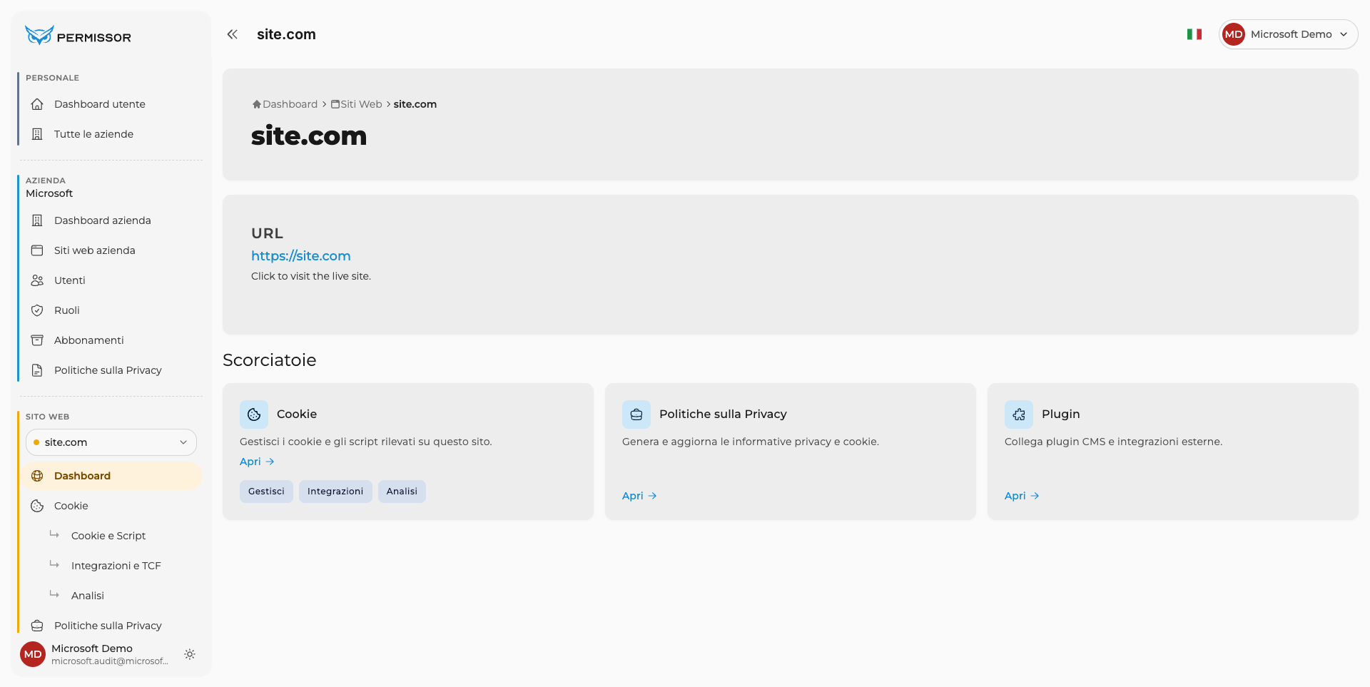 Dashboard del sito con la voce Integrazioni e TCF nella sidebar