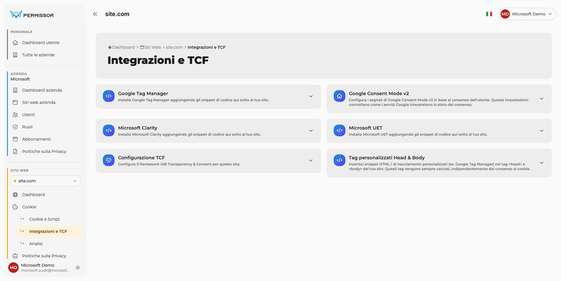 Voce Microsoft UET nell'elenco delle integrazioni disponibili