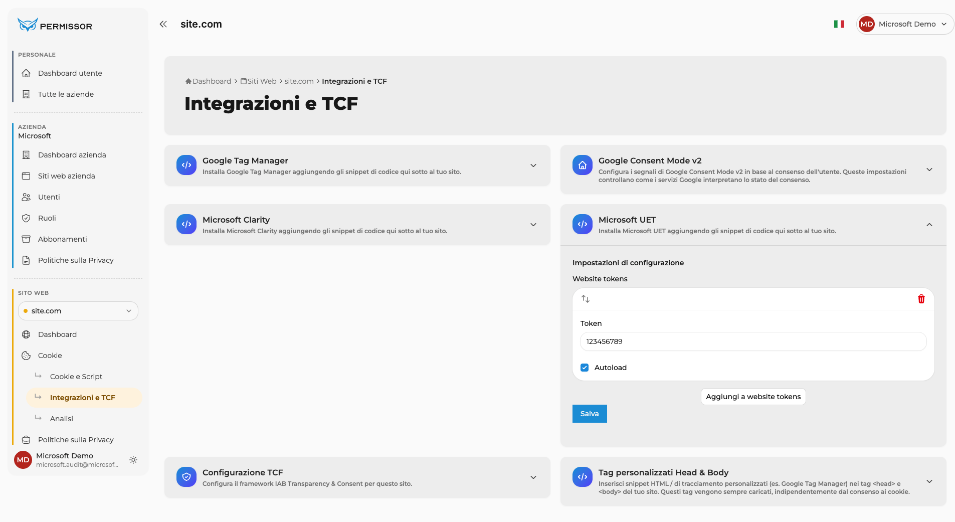 Campo Token con il Tag UET, casella Autoload attiva e pulsante Salva